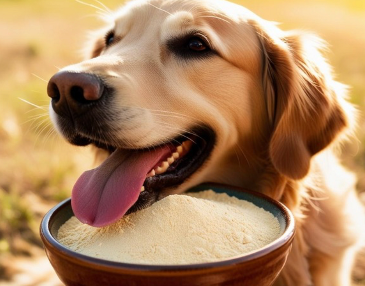 Dog eating egg shell powder