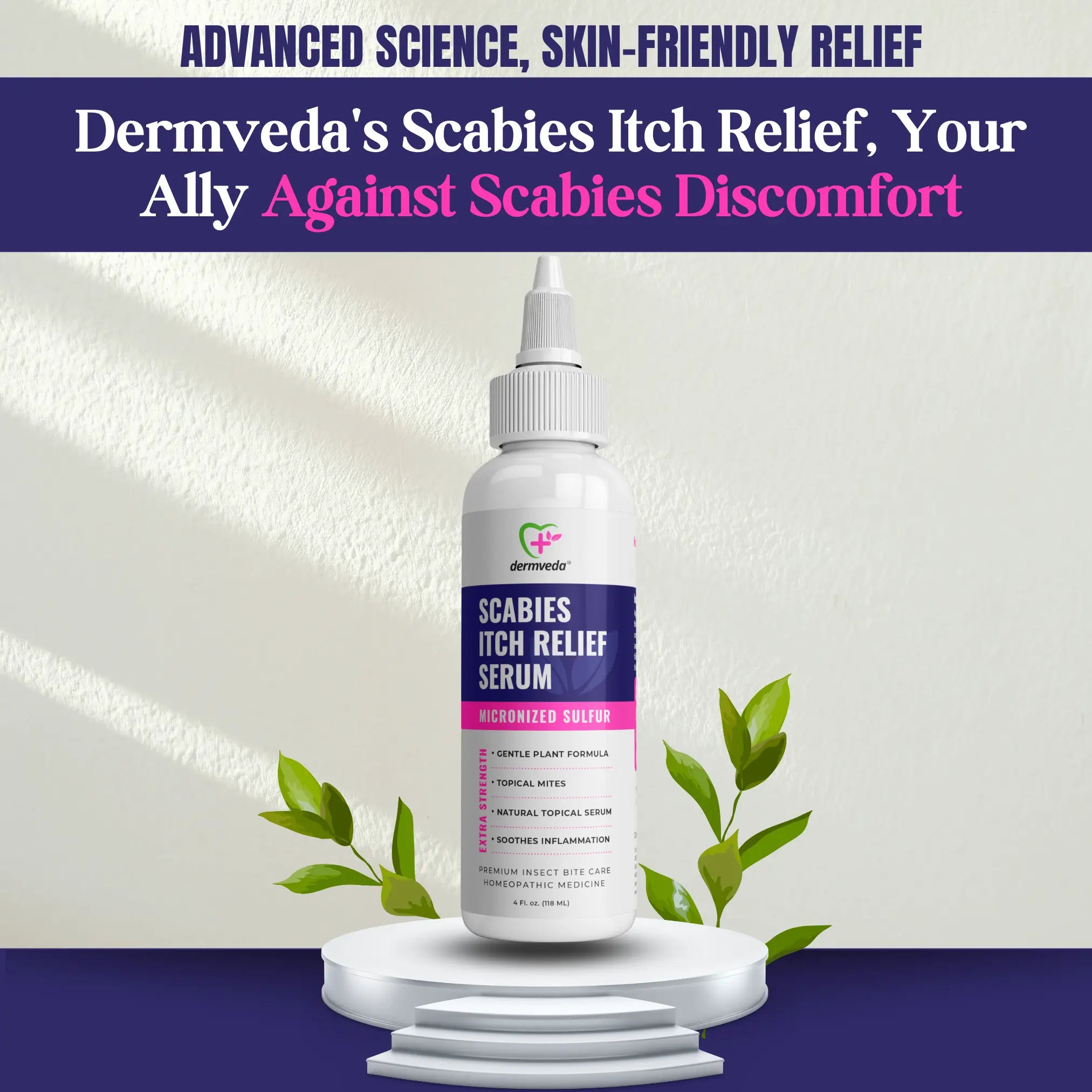 Dermveda scabies itch relief serum with micronized sulfur for topical mite treatment.
