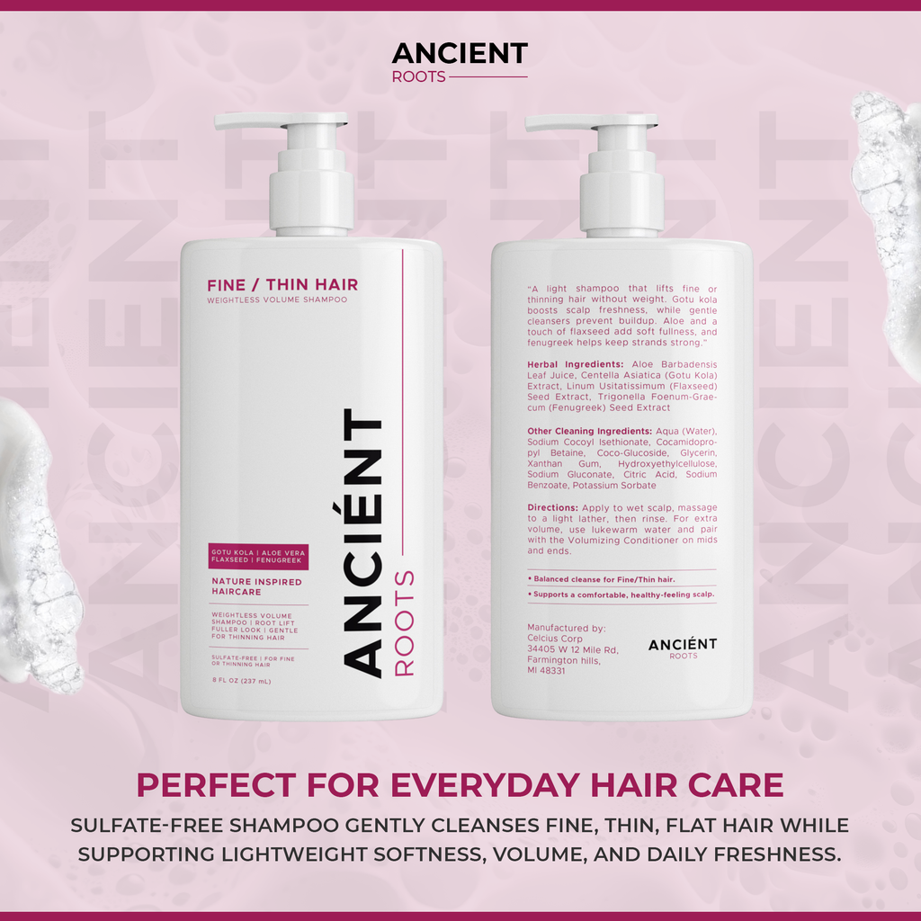 Ancient Roots Shampoo for Fine or Thin Hair, Weightless Volume Shampoo with Gotu Kola, Aloe Vera, Flaxseed and Fenugreek, 8 Fl Oz