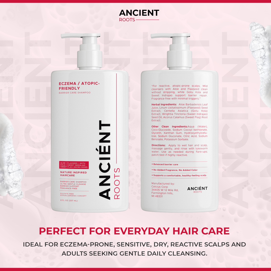 Ancient Roots Eczema Atopic Friendly Shampoo for Reactive Scalp, Barrier Care Shampoo with Aloe Vera, Flaxseed, Gotu Kola, Sweet Indrajao and Sweet Flag, 8 Fl Oz
