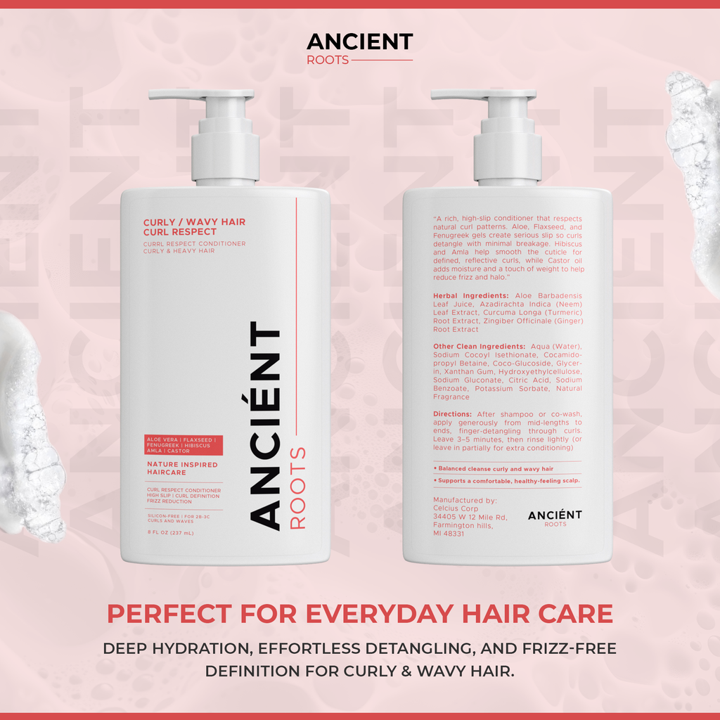 Ancient Roots Curly/Wavy Hair Curl Respect Conditioner with Aloe Vera, Flaxseed, Fenugreek, Hibiscus, Amla and Castor, High Slip Care for 2B-3C Curls, 8 Fl Oz