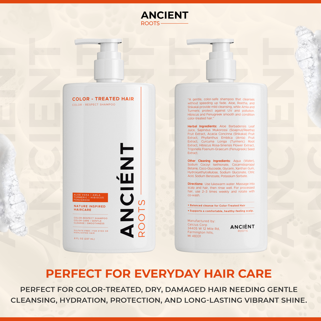 Ancient Roots Color-Respect Shampoo for Color-Treated Hair, Sulfate Free Shampoo, Aloe Vera Reetha Shikakai Amla Turmeric, Gentle Cleanse Smoothness Shine Support, 8 Fl Oz