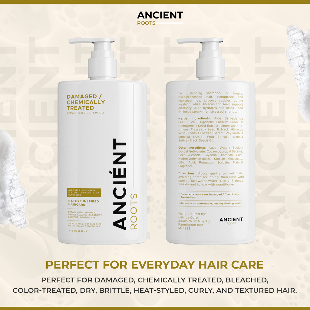 Ancient Roots Repair Shield Shampoo for Damaged Chemically Treated Hair With Aloe Vera Fenugreek Flaxseed Hibiscus Amla Black Seed, 8 Fl Oz