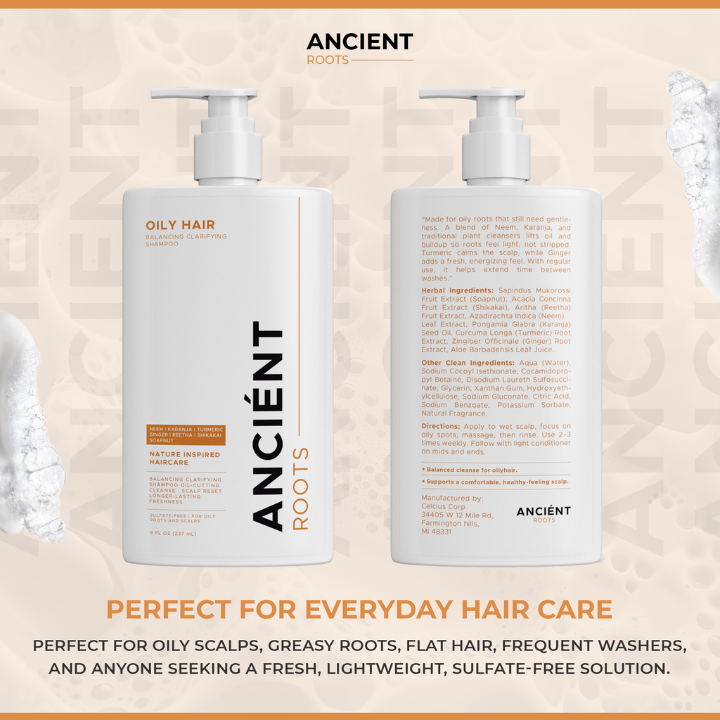 Ancient Roots Balancing Clarifying Shampoo with Neem, Karanja, Turmeric, Ginger, Reetha and Shikakai for Oily Roots and Scalp, 8 Fl Oz