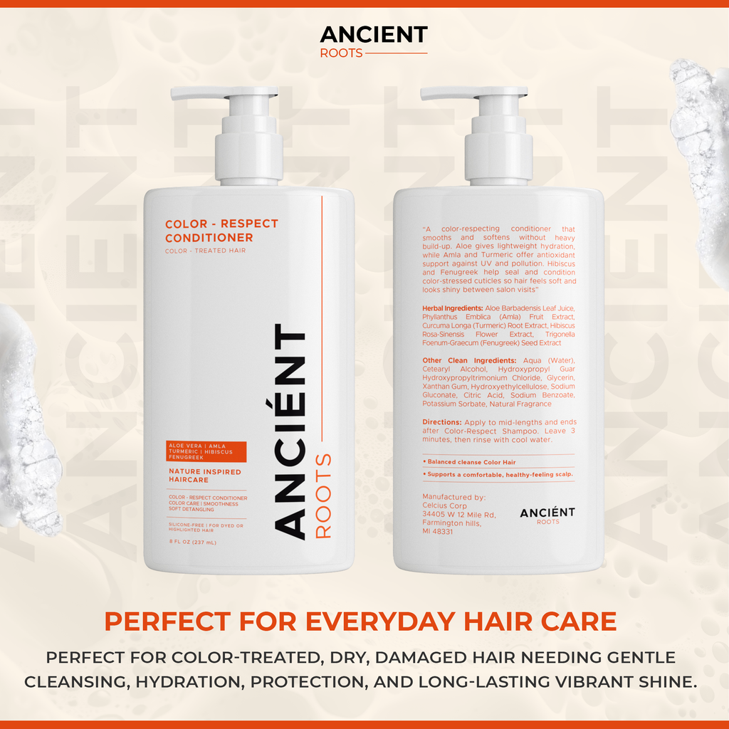 Ancient Roots Color-Respect Conditioner for Color-Treated Hair, Silicone Free Conditioner for Dyed Highlighted Hair, Aloe Vera Amla Turmeric Hibiscus Fenugreek, 8 Fl Oz
