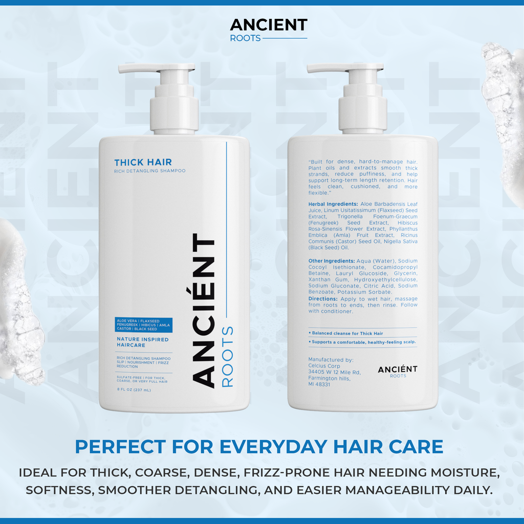 Ancient Roots Thick Hair Rich Detangling Shampoo, Sulfate Free Shampoo, Aloe Vera Flaxseed Fenugreek Hibiscus Amla, Frizz Control Nourishing Cleanse and Smoothness, 8 Fl Oz