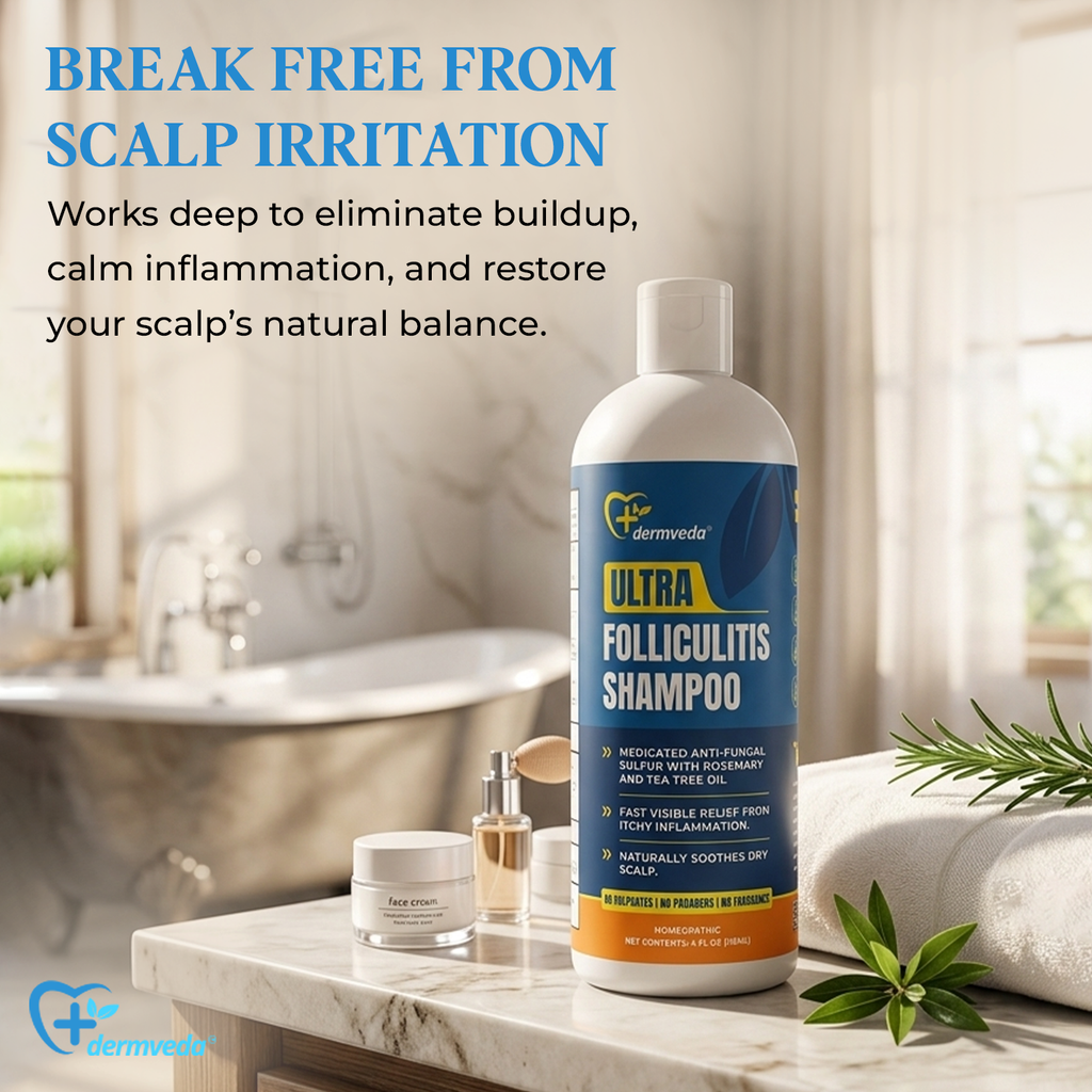 Dermveda Folliculitis Shampoo for Itchy Dry Scalp Flaking and Scaling, Fragrance-Free Homeopathic Formula, 4 Fl Oz