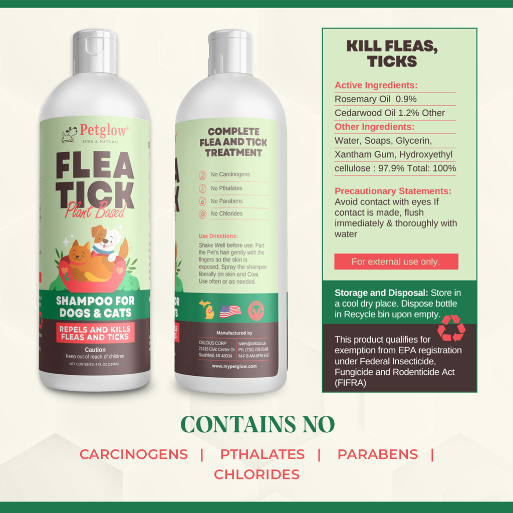 Petglow Plant-Based Flea and Tick Shampoo, for Dogs and Cats, with Cedarwood Rosemary, Botanical Daily Pet Wash, No Parabens, Phthalates, Chlorides, Good for Sensitive Skin, 4 Fl Oz