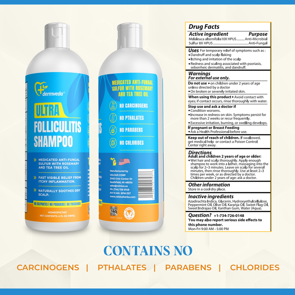 Dermveda Folliculitis Shampoo for Itchy Dry Scalp Flaking and Scaling, Fragrance-Free Homeopathic Formula, 4 Fl Oz