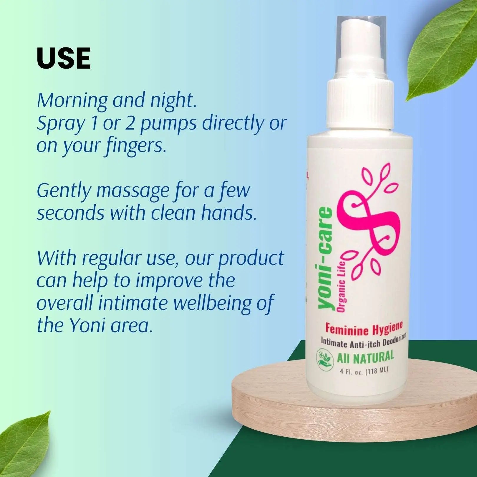 Yoni-Care feminine hygiene spray, intimate anti-itch deodorizer.