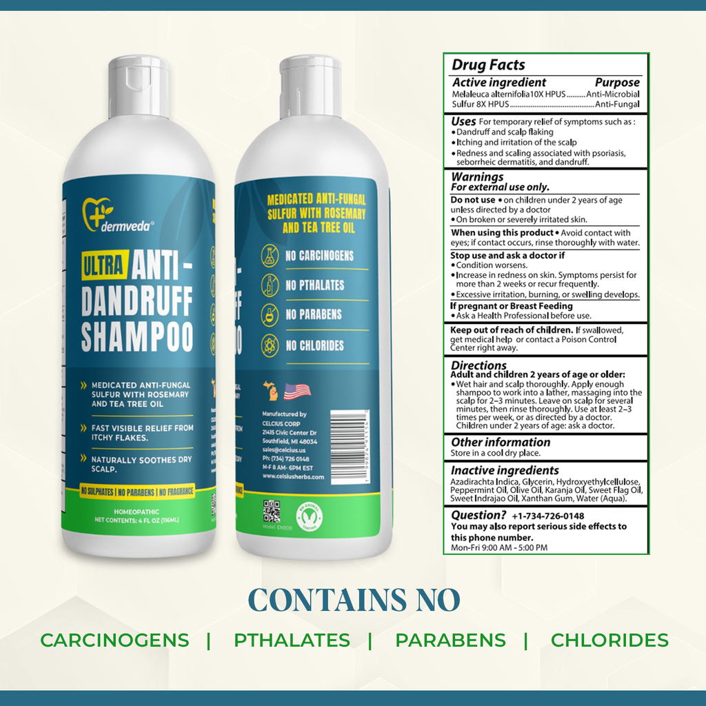 Ultra Anti-Dandruff Shampoo, Medicated Fungus-control Sulphur Formula With Rosemary, and Tea Tree Oil, Relief from Itchy Flakes and Dry Scalp