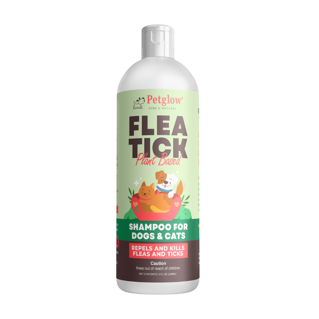 Petglow Plant-Based Flea and Tick Shampoo, for Dogs and Cats, with Cedarwood Rosemary, Botanical Daily Pet Wash, No Parabens, Phthalates, Chlorides, Good for Sensitive Skin, 4 Fl Oz