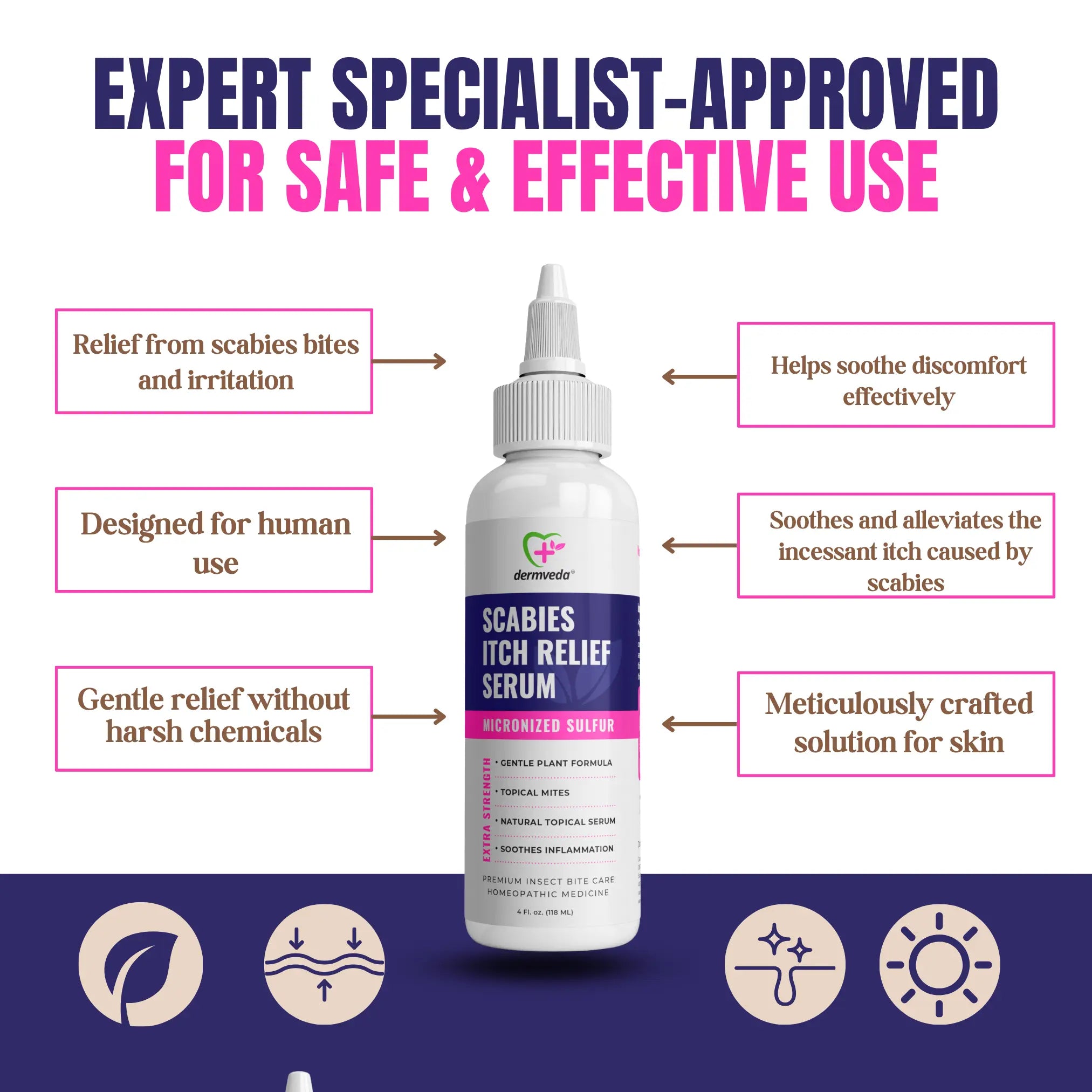 Dermveda Scabies Itch Relief serum with micronized sulfur for topical mites treatment.