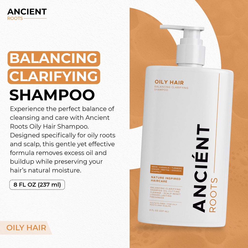 Ancient Roots Balancing Clarifying Shampoo with Neem, Karanja, Turmeric, Ginger, Reetha and Shikakai for Oily Roots and Scalp, 8 Fl Oz