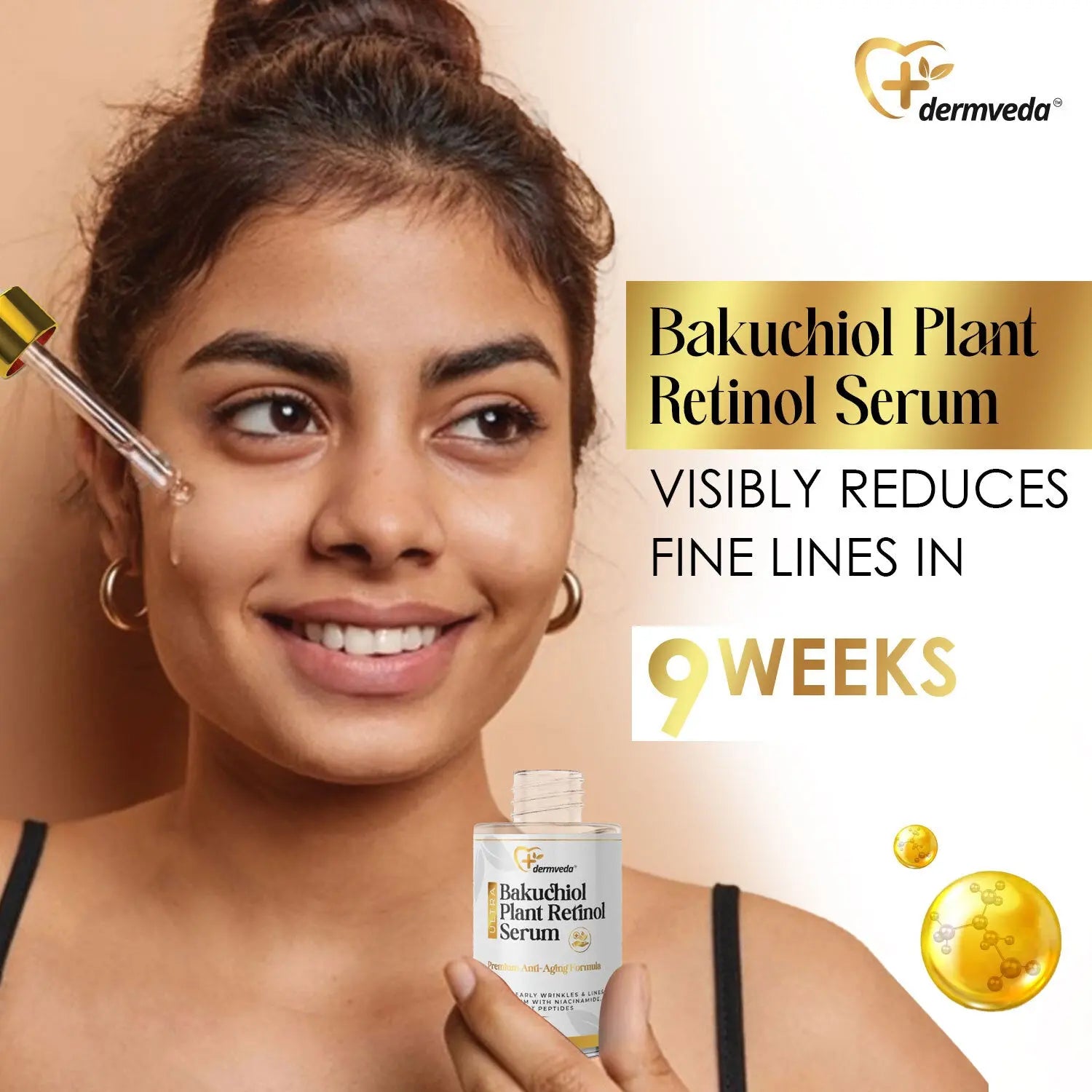 Woman applying Bakuchiol serum for fine lines, using a plant retinol formula