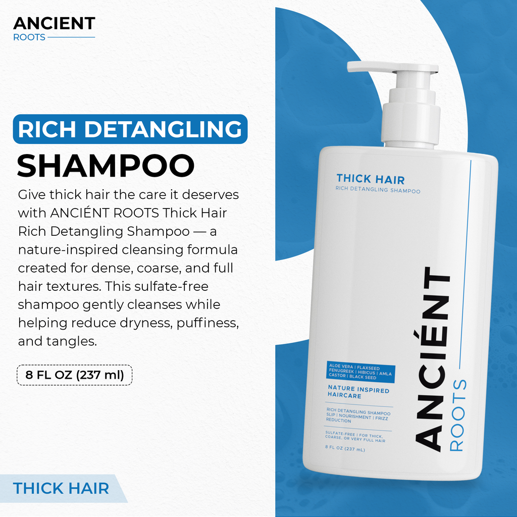 Ancient Roots Thick Hair Rich Detangling Shampoo, Sulfate Free Shampoo, Aloe Vera Flaxseed Fenugreek Hibiscus Amla, Frizz Control Nourishing Cleanse and Smoothness, 8 Fl Oz