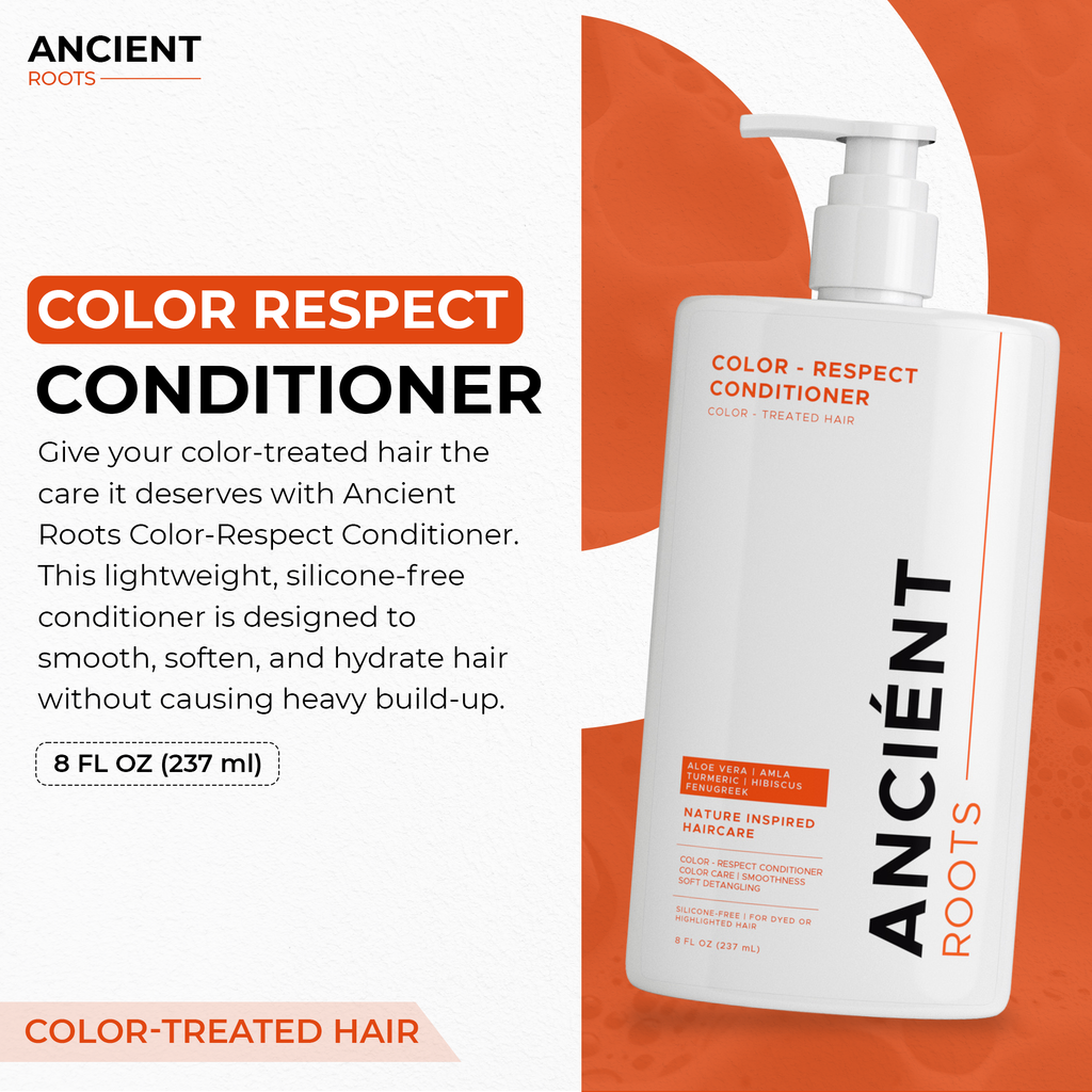 Ancient Roots Color-Respect Conditioner for Color-Treated Hair, Silicone Free Conditioner for Dyed Highlighted Hair, Aloe Vera Amla Turmeric Hibiscus Fenugreek, 8 Fl Oz