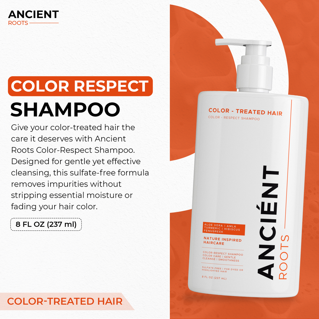 Ancient Roots Color-Respect Shampoo for Color-Treated Hair, Sulfate Free Shampoo, Aloe Vera Reetha Shikakai Amla Turmeric, Gentle Cleanse Smoothness Shine Support, 8 Fl Oz
