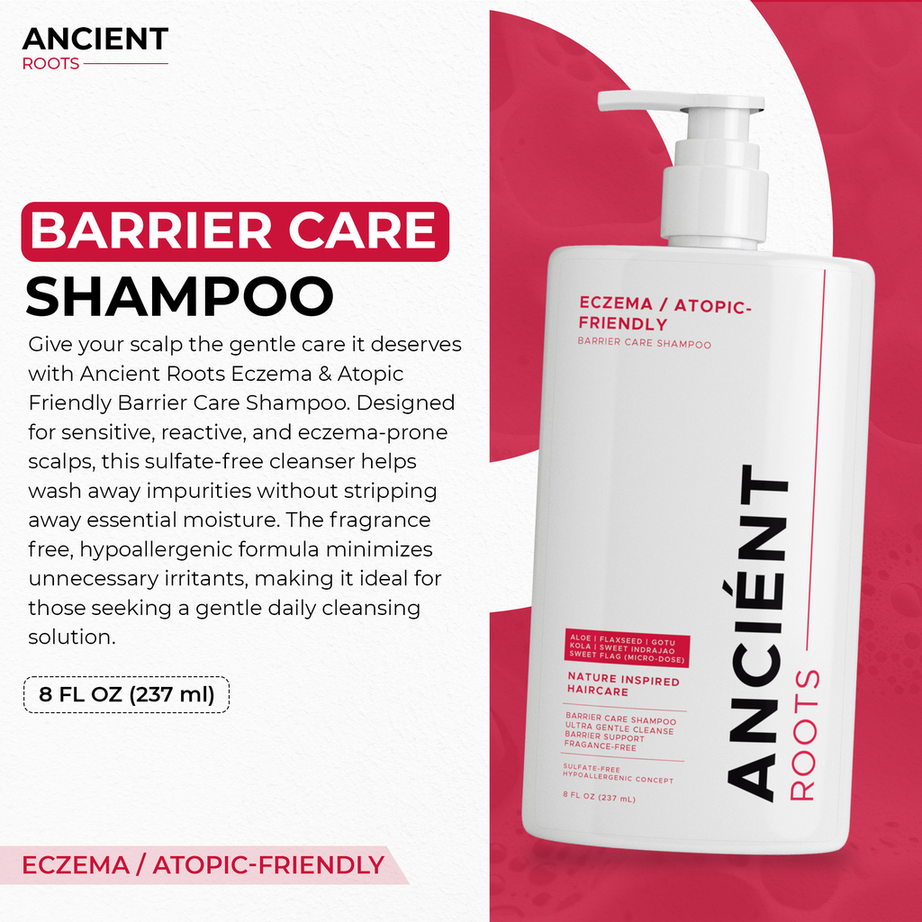 Ancient Roots Eczema Atopic Friendly Shampoo for Reactive Scalp, Barrier Care Shampoo with Aloe Vera, Flaxseed, Gotu Kola, Sweet Indrajao and Sweet Flag, 8 Fl Oz