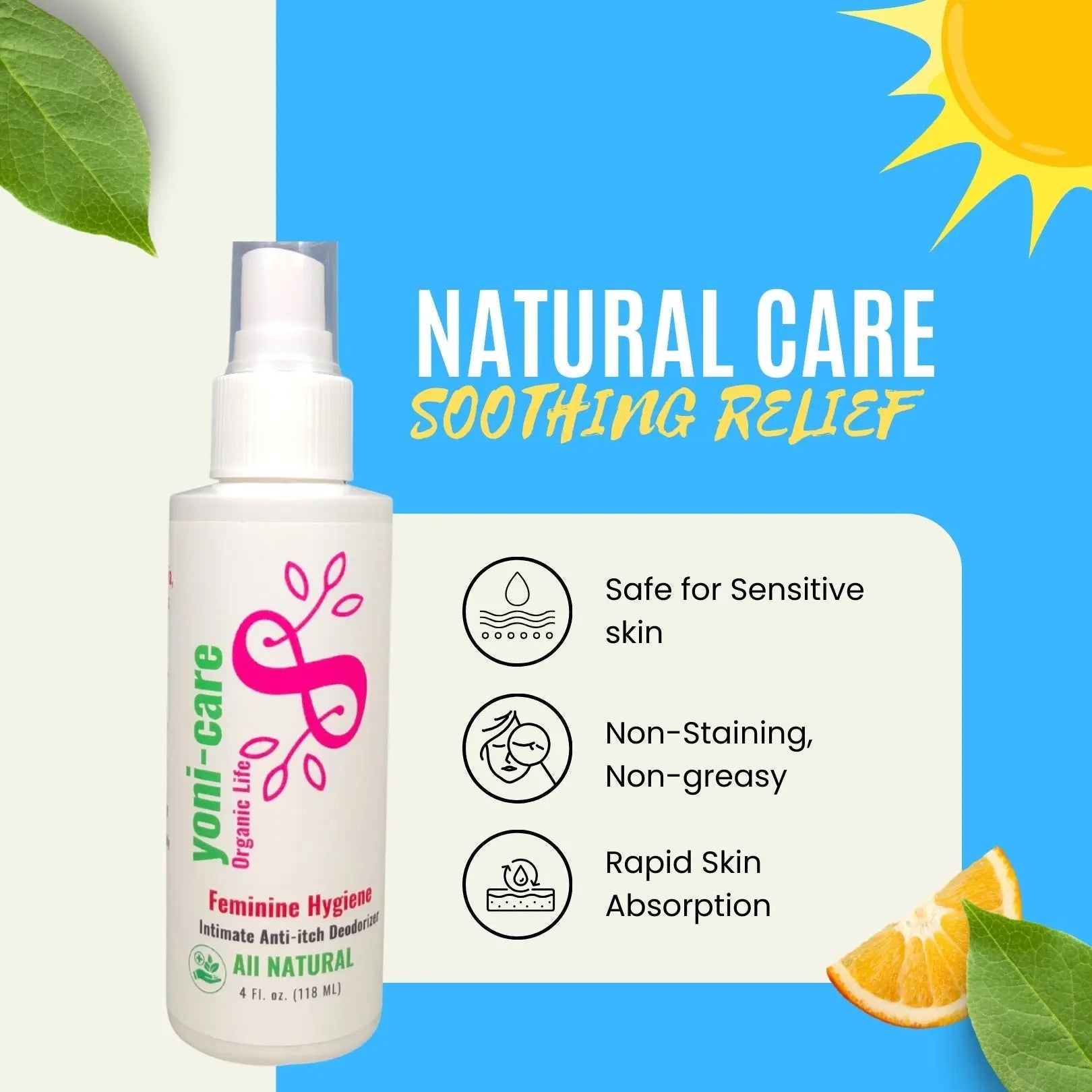 Yoni-Care feminine hygiene spray for intimate, natural, and sensitive skin care.