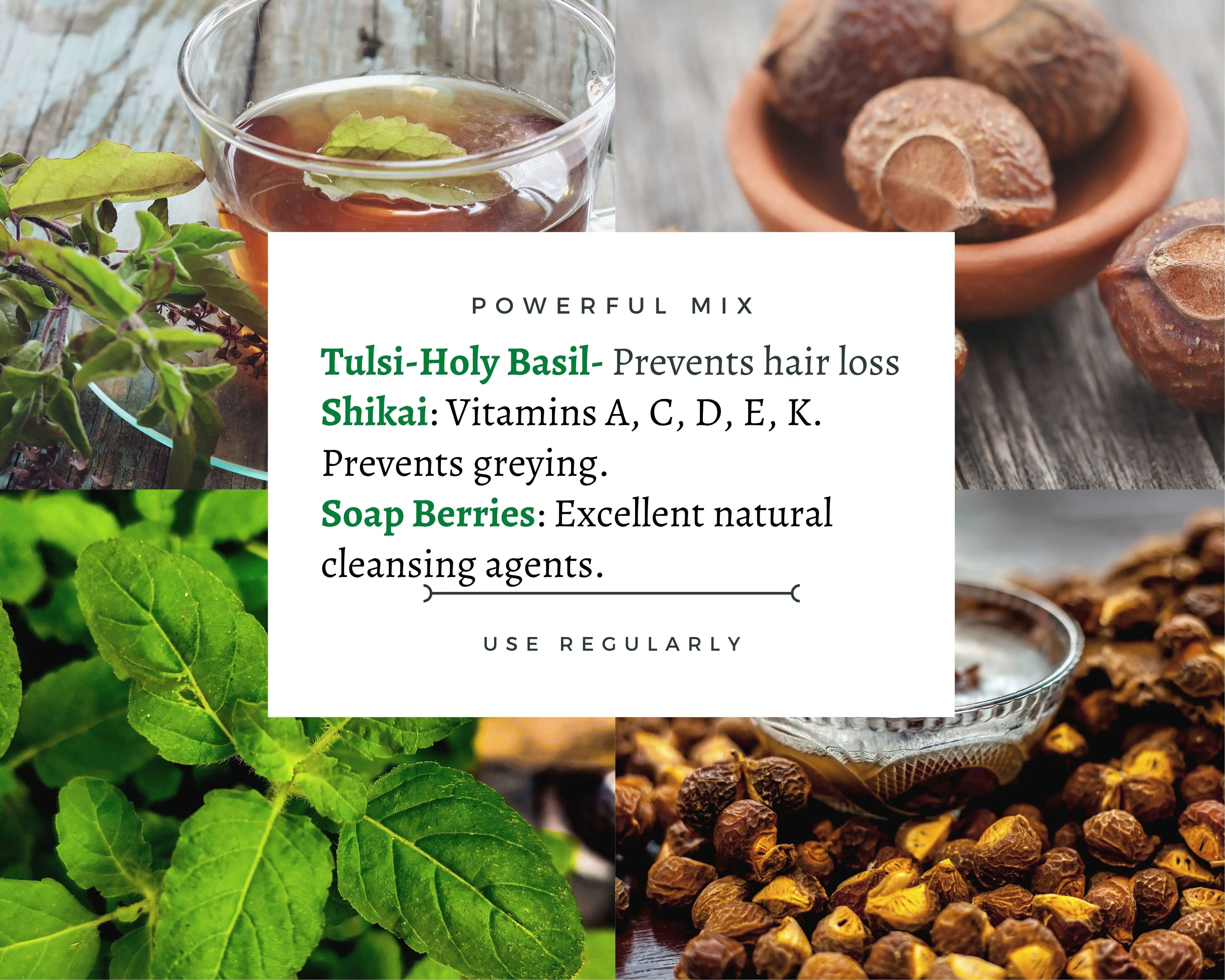 Shikakai, reetha soapnuts, and tulsi ingredients for a shampoo.
