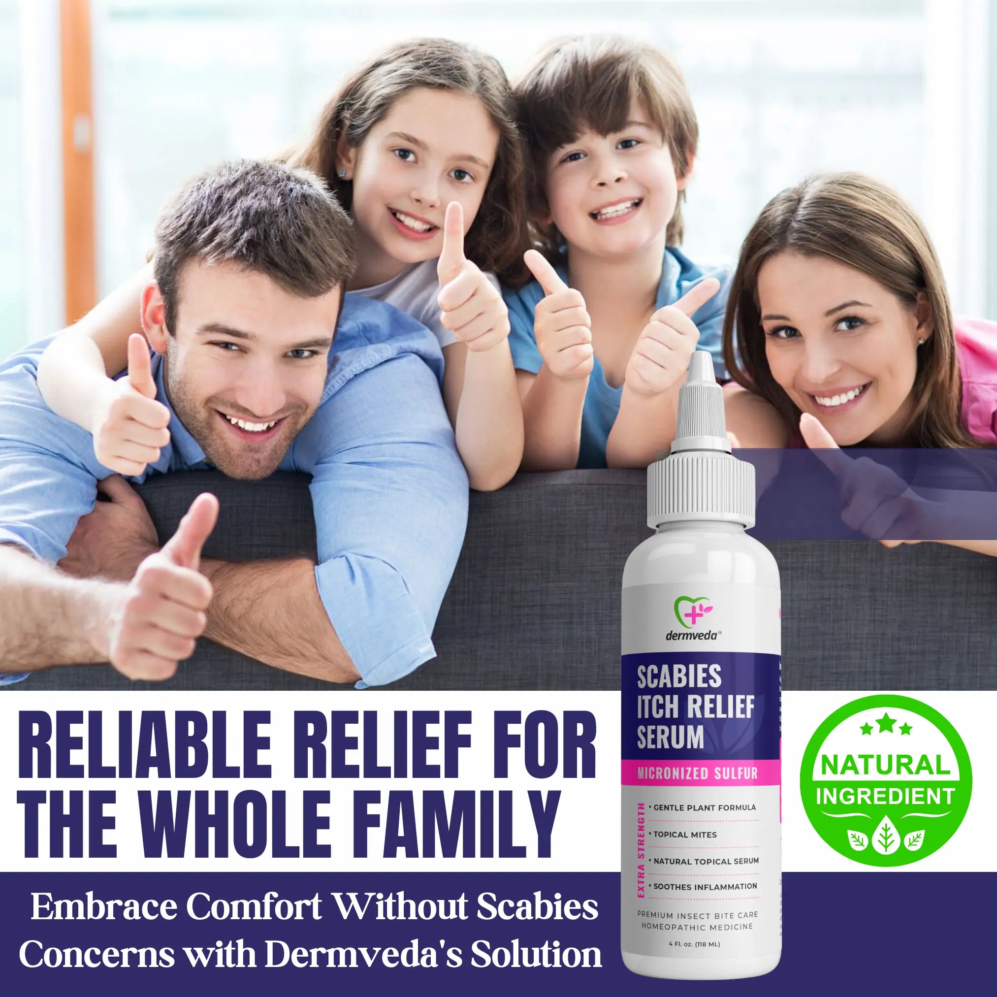 Dermveda Scabies Itch Relief Serum for topical mites, natural ingredients, family wellbeing.