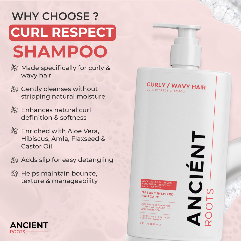 Ancient Roots Curl Respect Shampoo with Aloe Vera, Flaxseed, Fenugreek, Hibiscus, Amla and Castor, Hydrating Cleanse for 2B-3C Curls and Waves, 8 Fl Oz