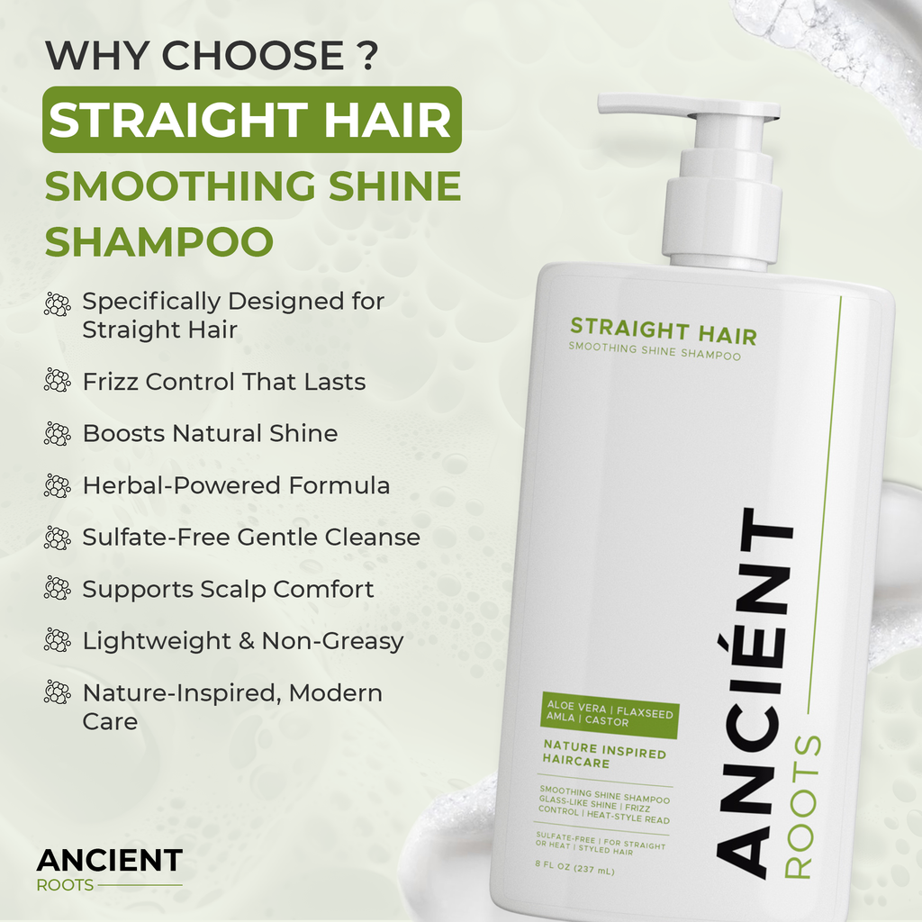 Ancient Roots Straight Hair Smoothing Shine Shampoo with Aloe Vera, Flaxseed, Amla and Castor Oil, 8 Fl Oz