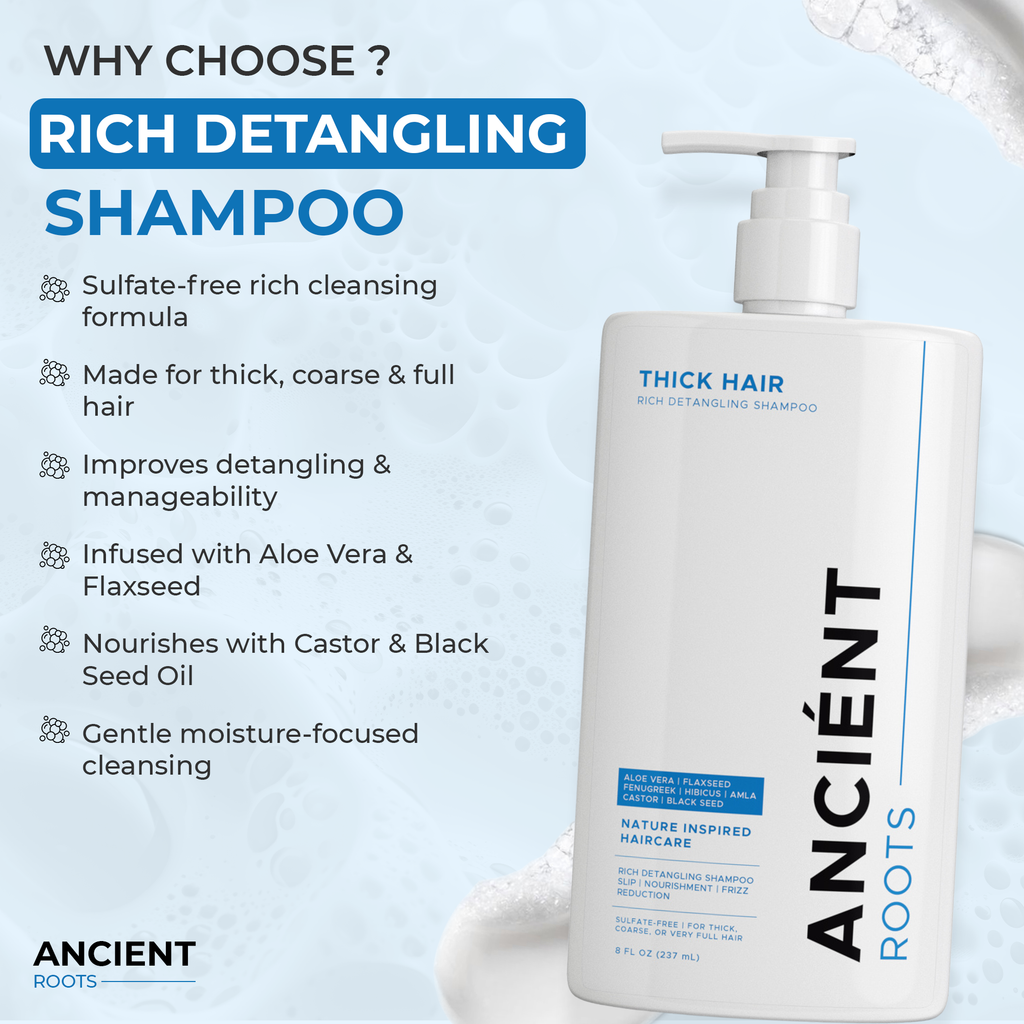 Ancient Roots Thick Hair Rich Detangling Shampoo, Sulfate Free Shampoo, Aloe Vera Flaxseed Fenugreek Hibiscus Amla, Frizz Control Nourishing Cleanse and Smoothness, 8 Fl Oz