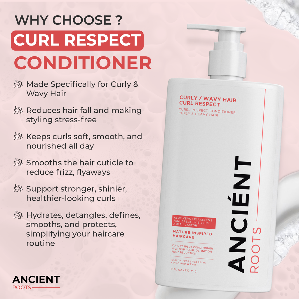 Ancient Roots Curly/Wavy Hair Curl Respect Conditioner with Aloe Vera, Flaxseed, Fenugreek, Hibiscus, Amla and Castor, High Slip Care for 2B-3C Curls, 8 Fl Oz