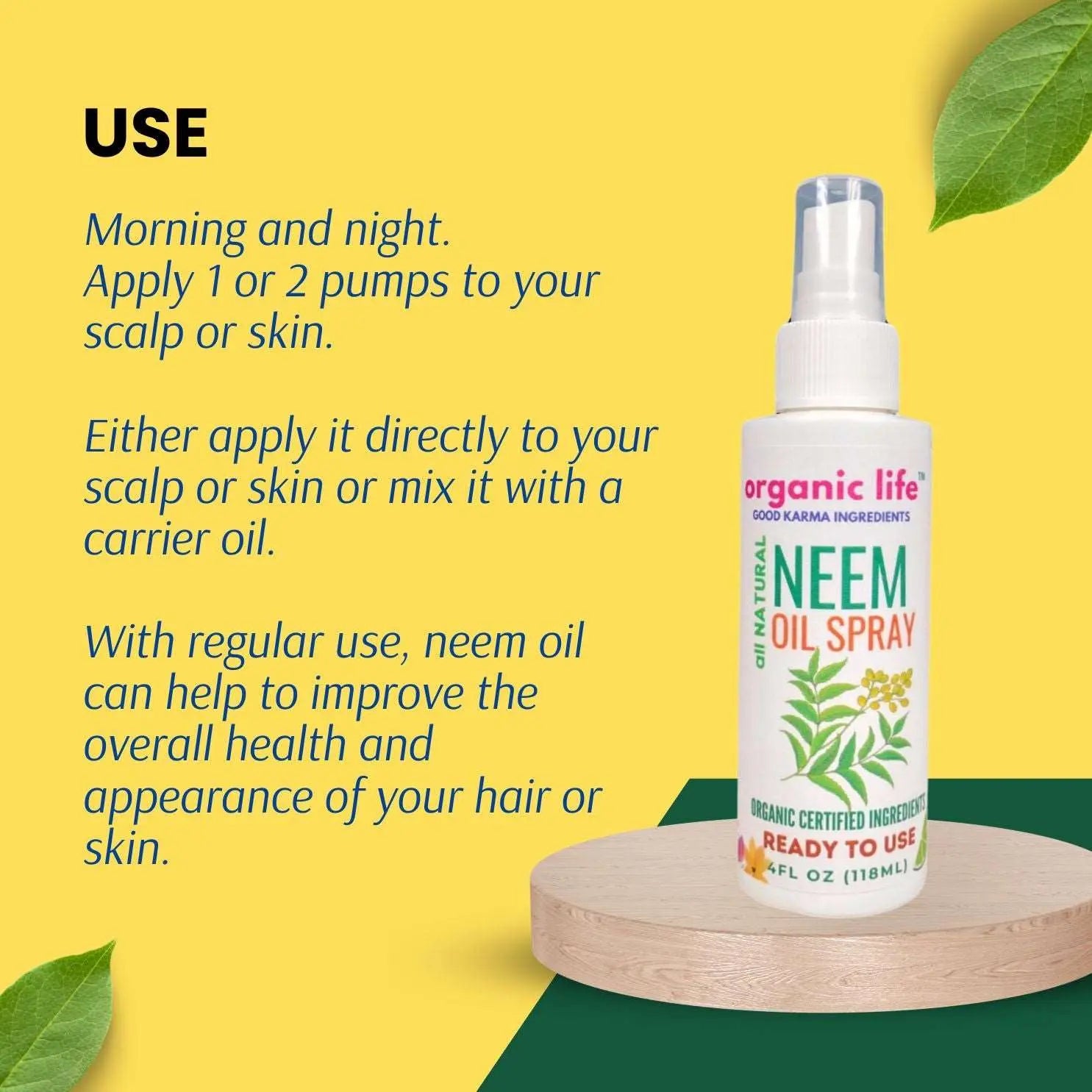 Organic Life neem oil spray for soothing dry skin and hair.