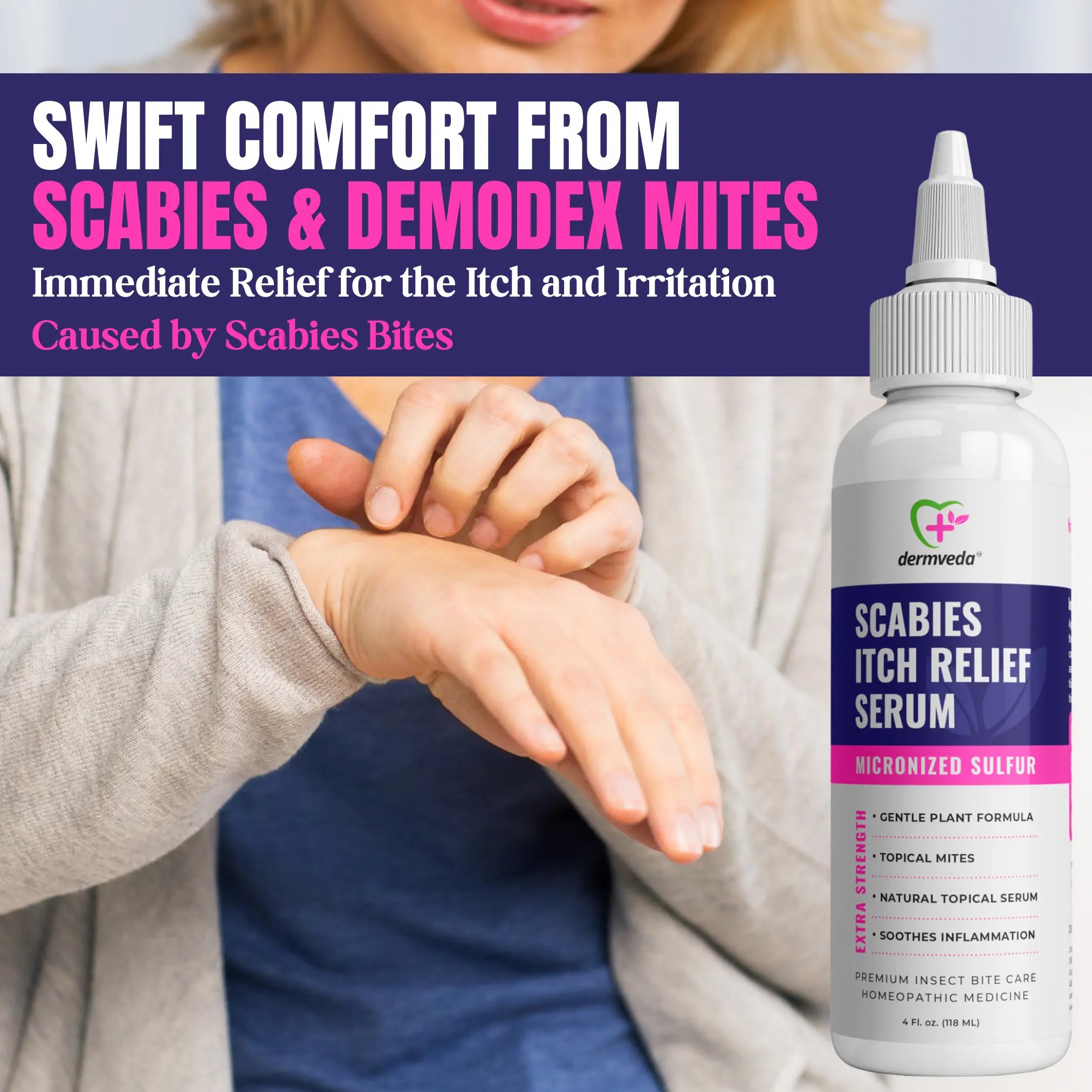 Dermveda Scabies Itch Relief serum for topical itch and irritation.