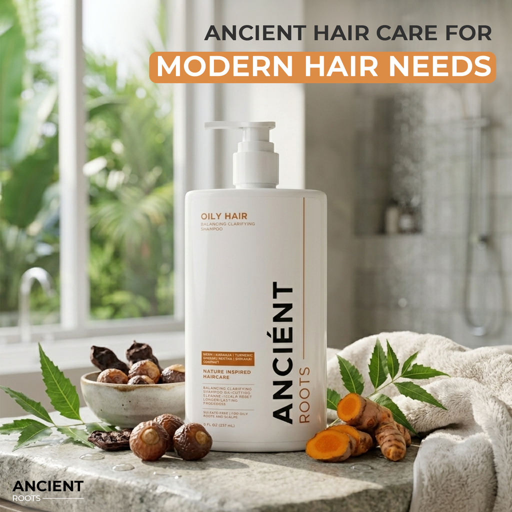 Ancient Roots Balancing Clarifying Shampoo with Neem, Karanja, Turmeric, Ginger, Reetha and Shikakai for Oily Roots and Scalp, 8 Fl Oz