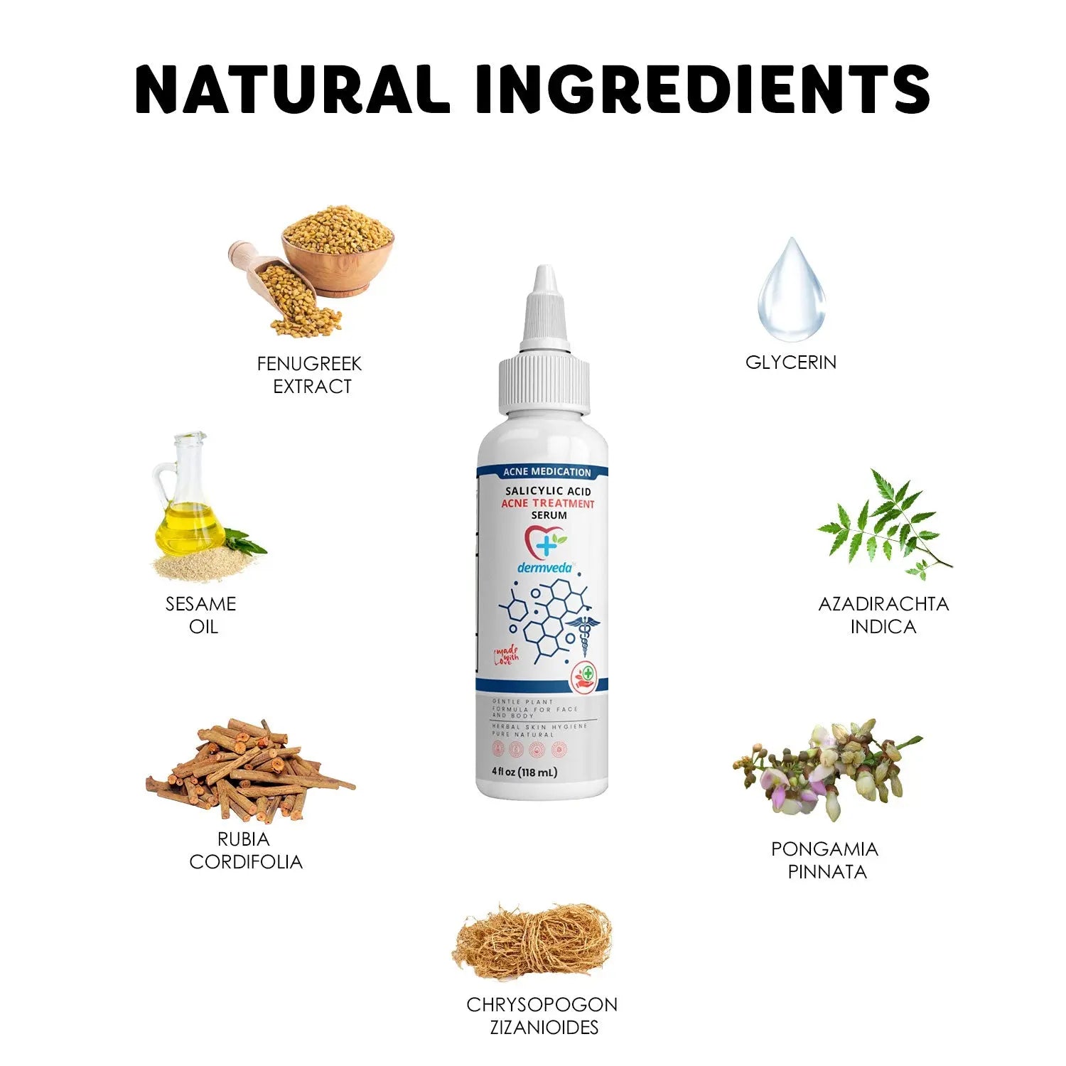 Natural acne treatment serum with salicylic acid and botanical ingredients.