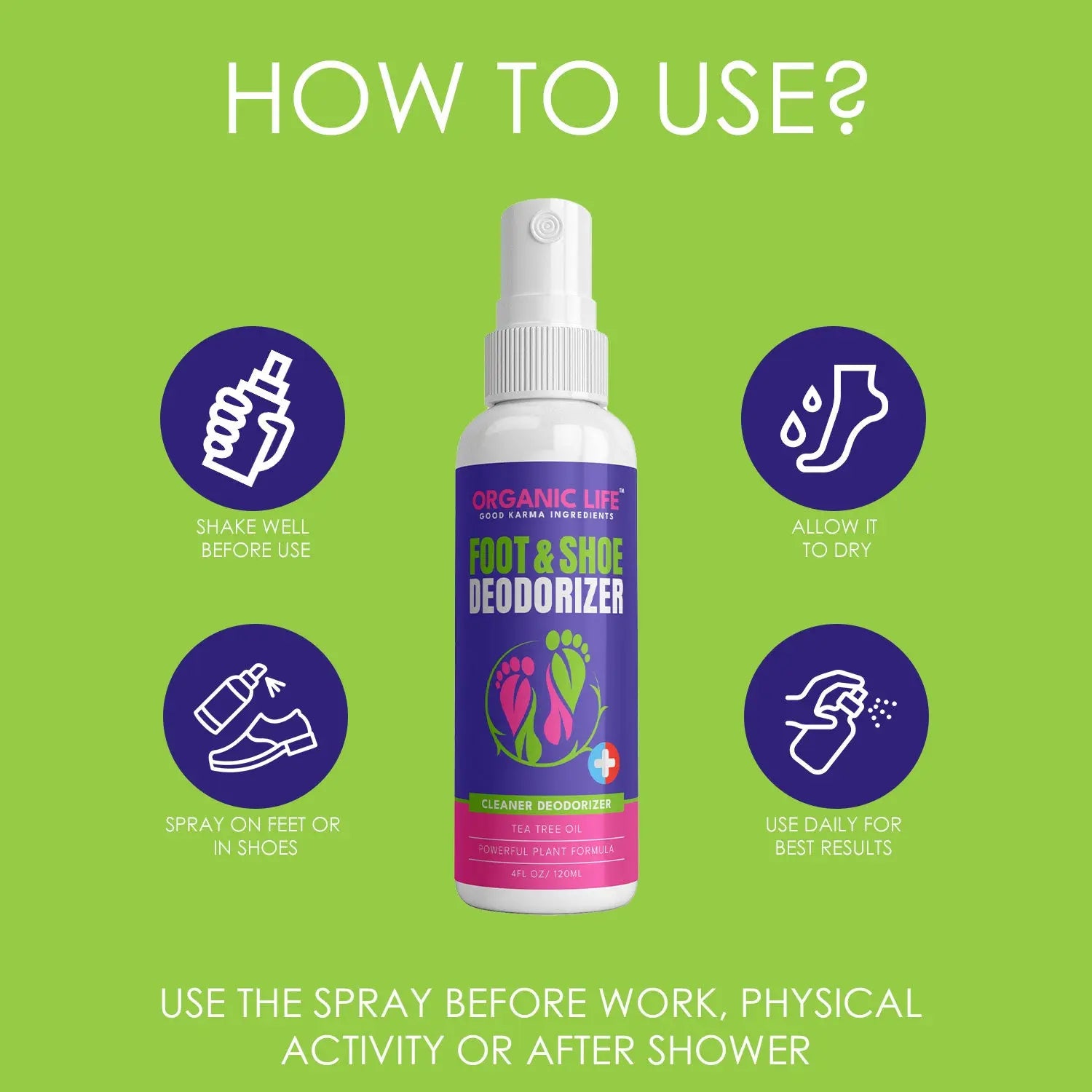 Foot deodorizer spray with tea tree oil shown with usage instructions.