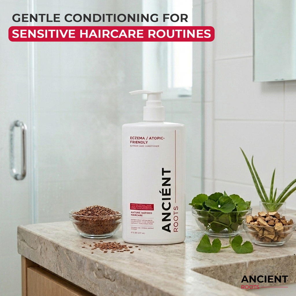 Ancient Roots Eczema Atopic Friendly Conditioner for Reactive Scalp, Barrier Care Conditioner with Aloe Vera, Flaxseed, Gotu Kola, Sweet Indrajao and Sweet Flag, 8 Fl Oz