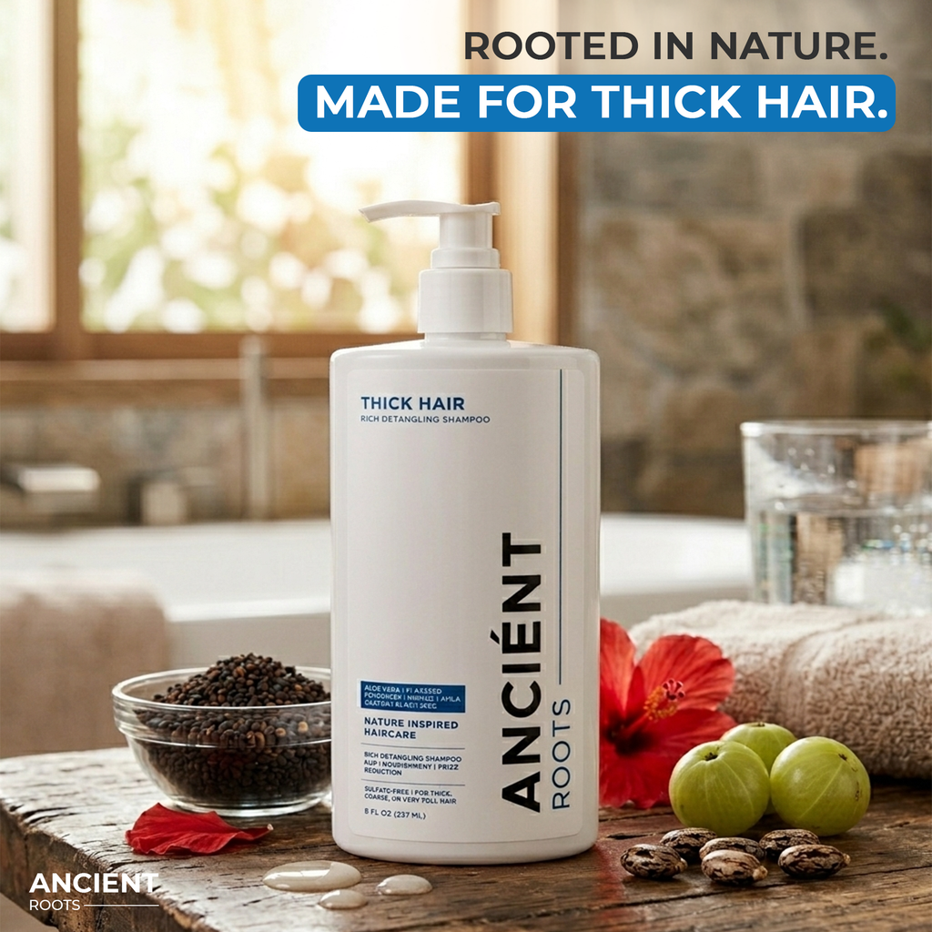 Ancient Roots Thick Hair Rich Detangling Shampoo, Sulfate Free Shampoo, Aloe Vera Flaxseed Fenugreek Hibiscus Amla, Frizz Control Nourishing Cleanse and Smoothness, 8 Fl Oz