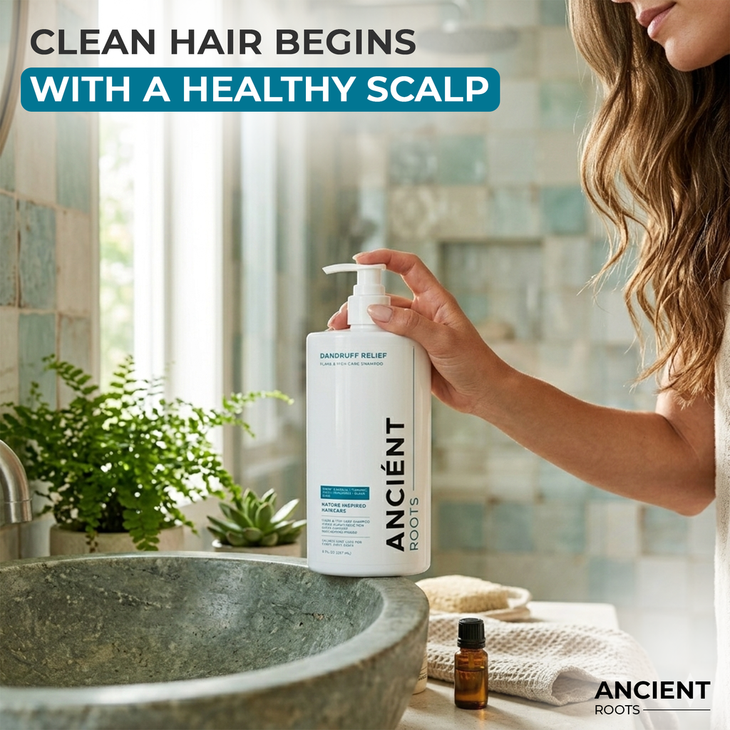 Ancient Roots Dandruff Relief Shampoo for Flaky Itchy Scalp, Sulfate Free Scalp Care with Neem Karanja Turmeric Aloe Fenugreek Black Seed, Visible Flake Reduction, 8 Fl Oz