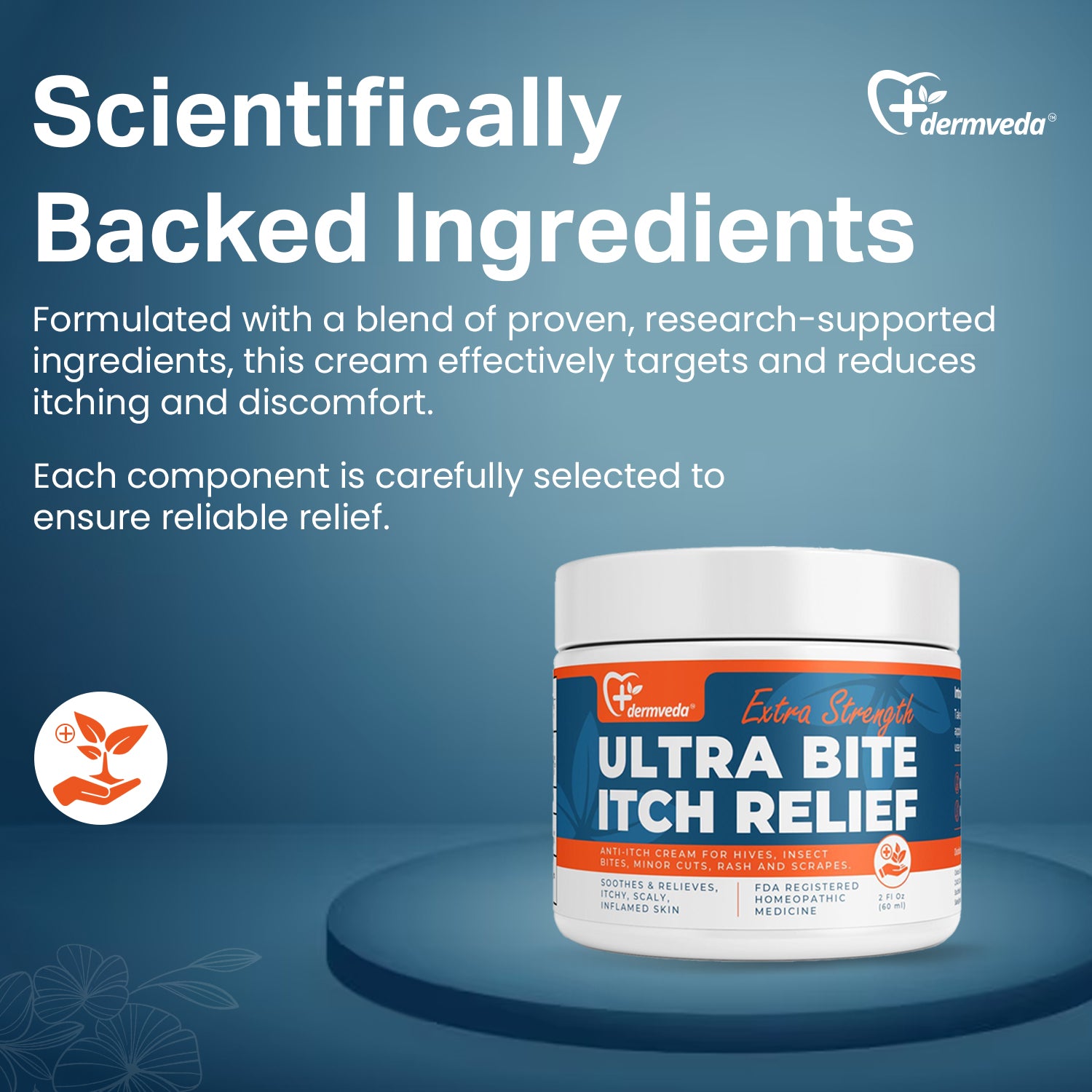 Infographic showing Dermveda Ultra Bite Itch Relief ingredients: peppermint oil, turmeric, lavender, and olive oil with their skin-soothing benefits