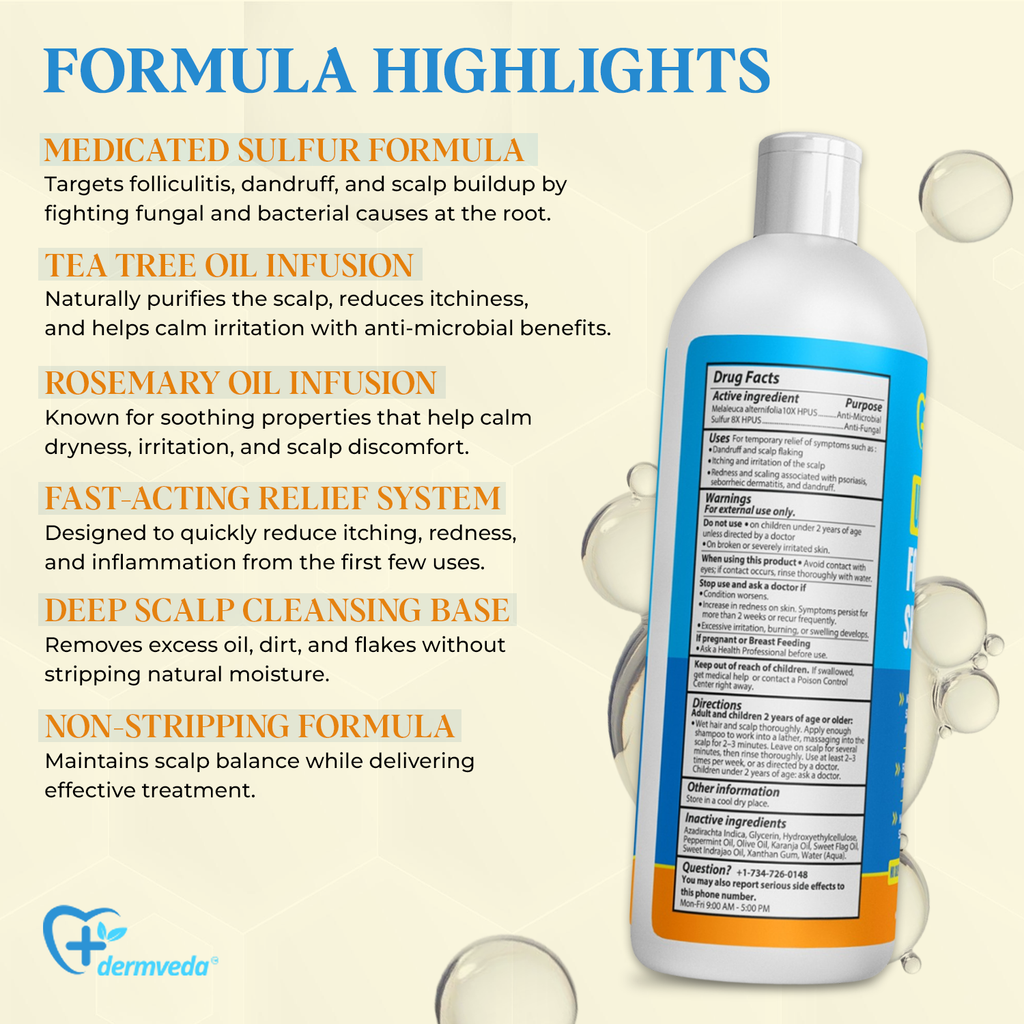 Dermveda Folliculitis Shampoo for Itchy Dry Scalp Flaking and Scaling, Fragrance-Free Homeopathic Formula, 4 Fl Oz
