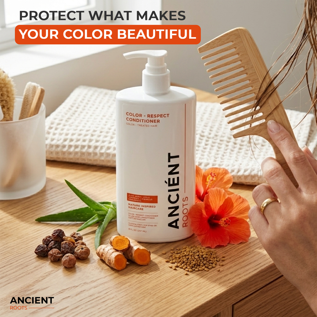 Ancient Roots Color-Respect Conditioner for Color-Treated Hair, Silicone Free Conditioner for Dyed Highlighted Hair, Aloe Vera Amla Turmeric Hibiscus Fenugreek, 8 Fl Oz