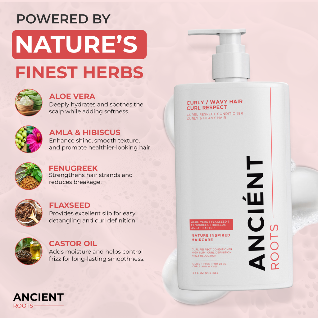Ancient Roots Curly/Wavy Hair Curl Respect Conditioner with Aloe Vera, Flaxseed, Fenugreek, Hibiscus, Amla and Castor, High Slip Care for 2B-3C Curls, 8 Fl Oz