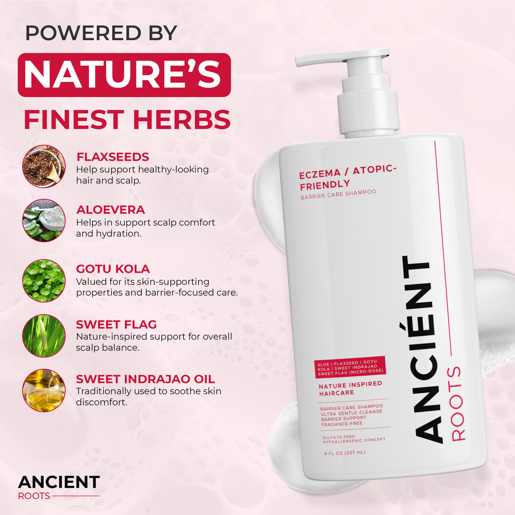 Ancient Roots Eczema Atopic Friendly Shampoo for Reactive Scalp, Barrier Care Shampoo with Aloe Vera, Flaxseed, Gotu Kola, Sweet Indrajao and Sweet Flag, 8 Fl Oz