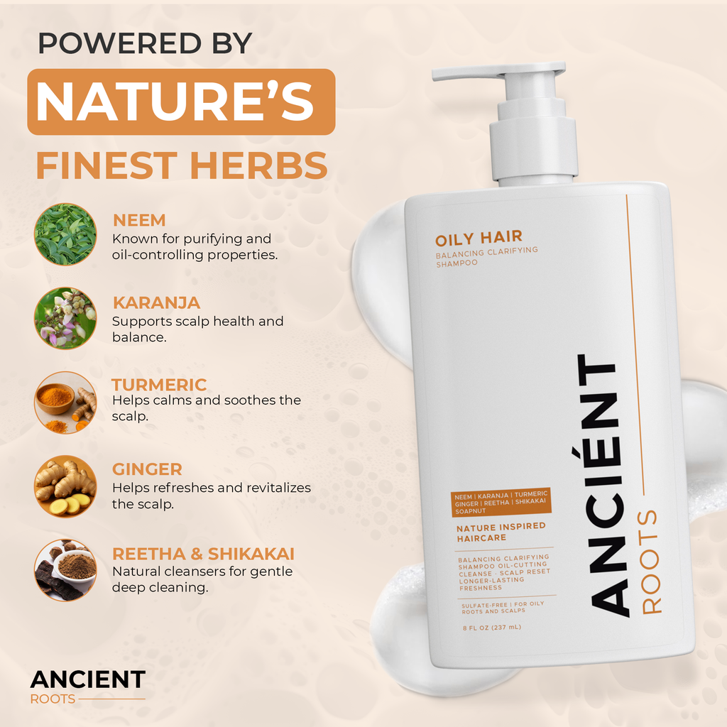 Ancient Roots Balancing Clarifying Shampoo with Neem, Karanja, Turmeric, Ginger, Reetha and Shikakai for Oily Roots and Scalp, 8 Fl Oz