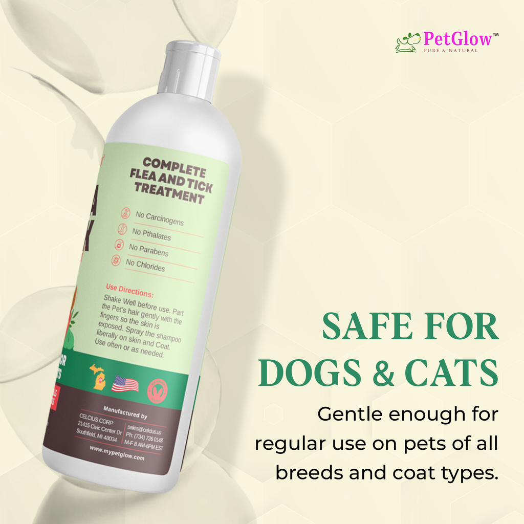 Bottle of PetGlow Complete Flea and Tick Treatment with text on a light background