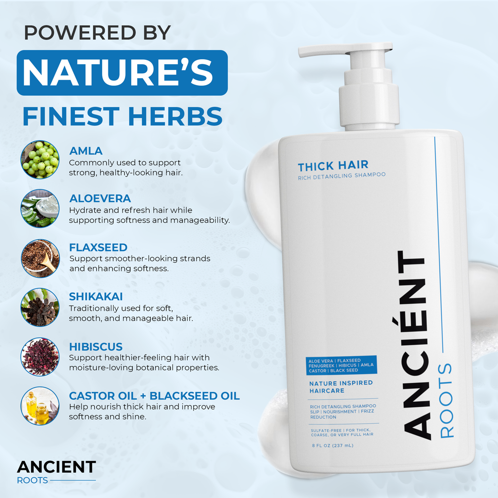 Ancient Roots Thick Hair Rich Detangling Shampoo, Sulfate Free Shampoo, Aloe Vera Flaxseed Fenugreek Hibiscus Amla, Frizz Control Nourishing Cleanse and Smoothness, 8 Fl Oz