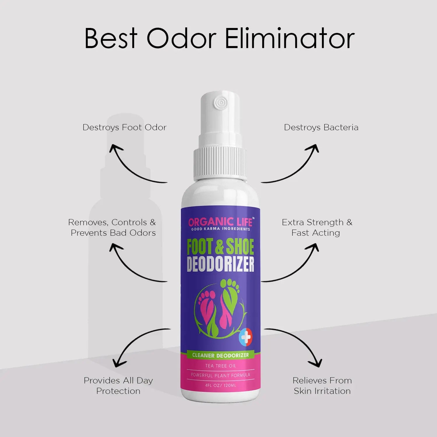 Foot deodorizer spray with tea tree oil for cleaner, odor-free shoes.
