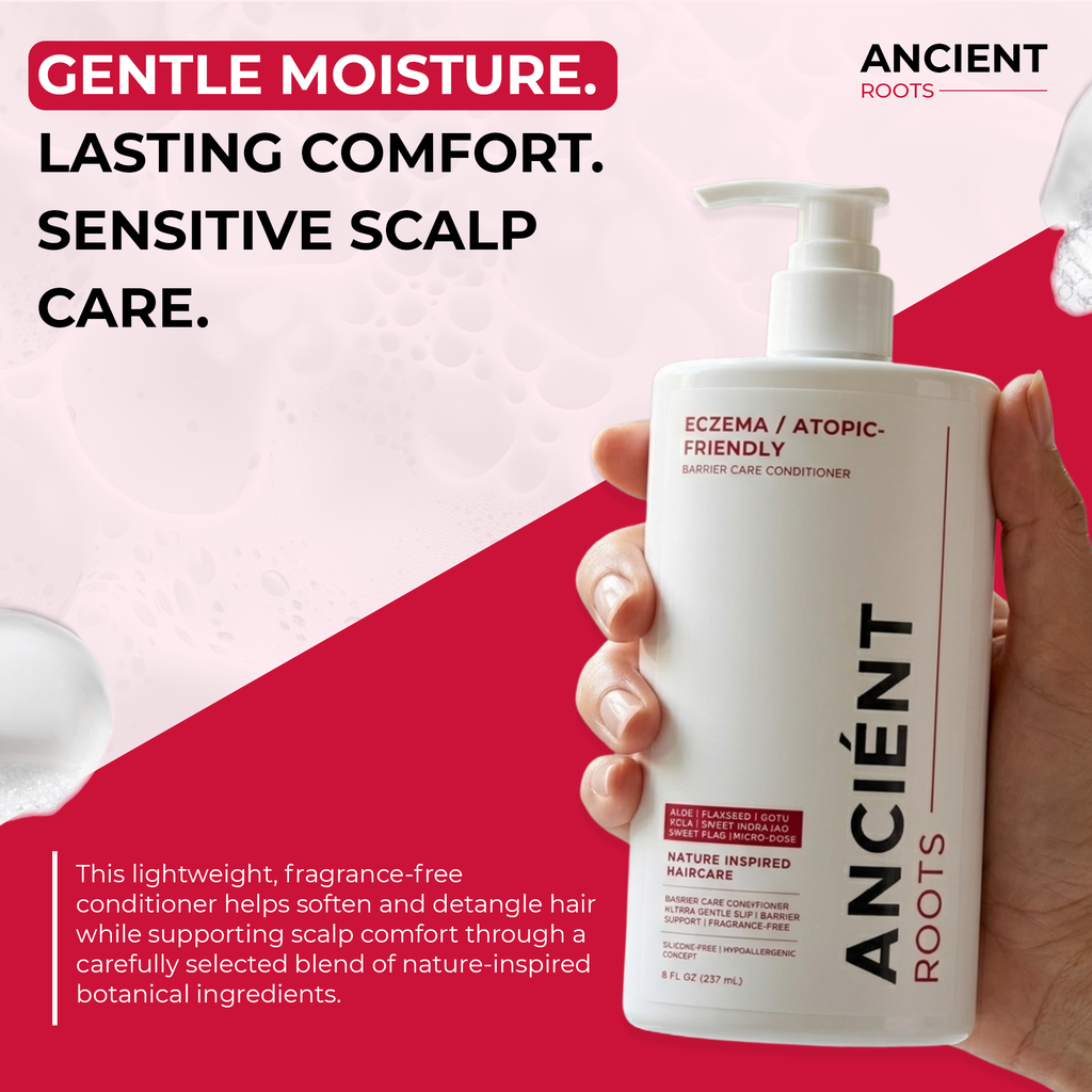Ancient Roots Eczema Atopic Friendly Conditioner for Reactive Scalp, Barrier Care Conditioner with Aloe Vera, Flaxseed, Gotu Kola, Sweet Indrajao and Sweet Flag, 8 Fl Oz