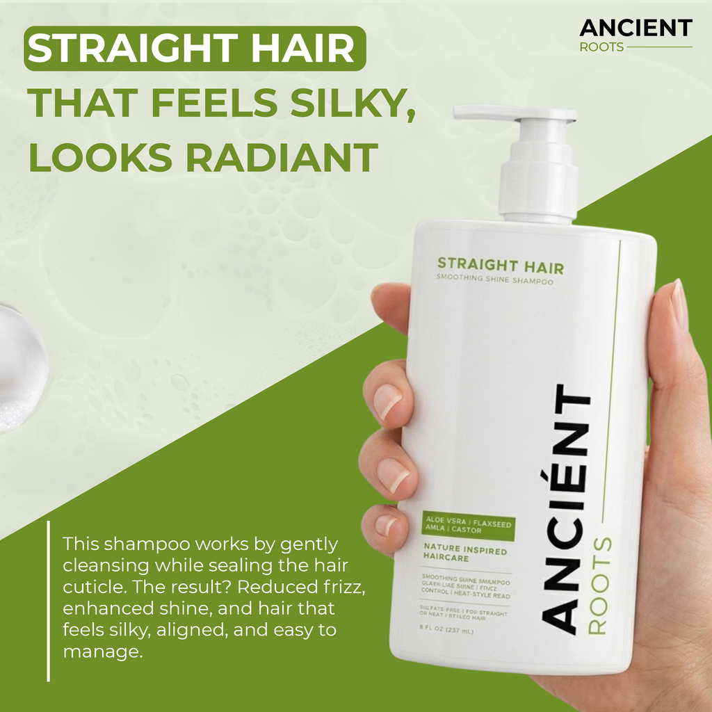 Ancient Roots Straight Hair Smoothing Shine Shampoo with Aloe Vera, Flaxseed, Amla and Castor Oil, 8 Fl Oz
