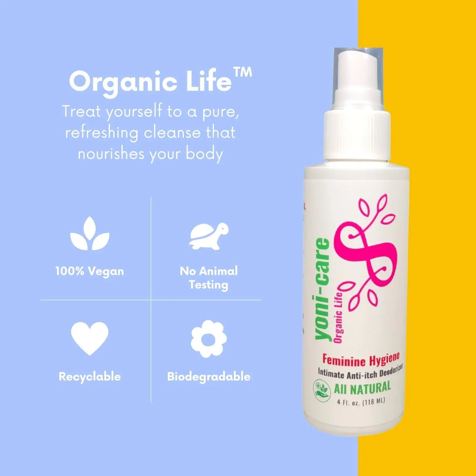 Yoni-care organic feminine hygiene spray for intimate anti-itch deodorizing.